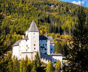 Burg Mauterndorf Ansicht Frontturm mit Seitengebaeuden im Sommer